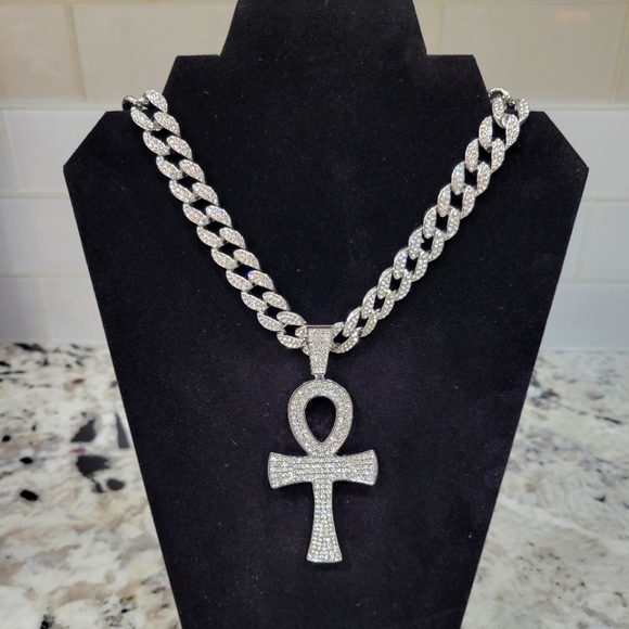 Iced Out Silverplated CZ Simulated Diamond Blinged-out Ankh and Iced Cuban Chain - Picture 1 of 6